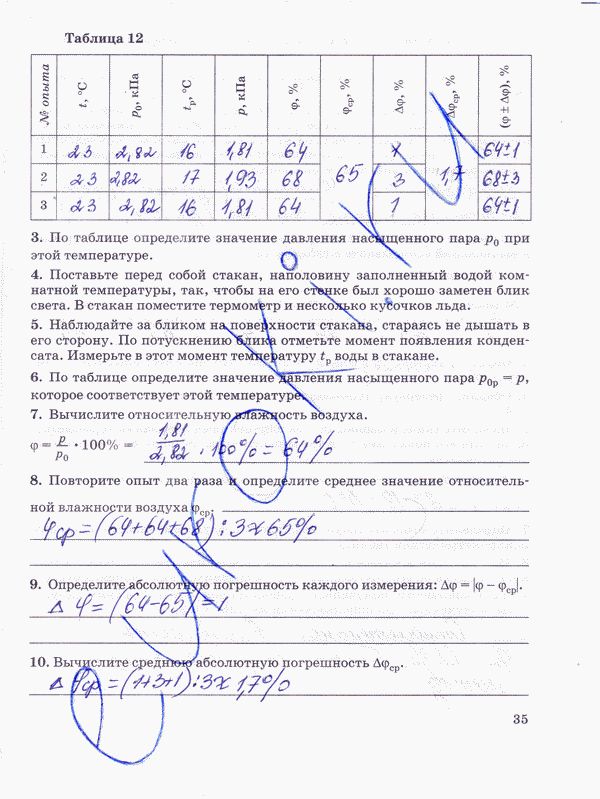 Тетрадь для лабораторных работ по физике 10 класс Пурышева, Степанов Страница 35