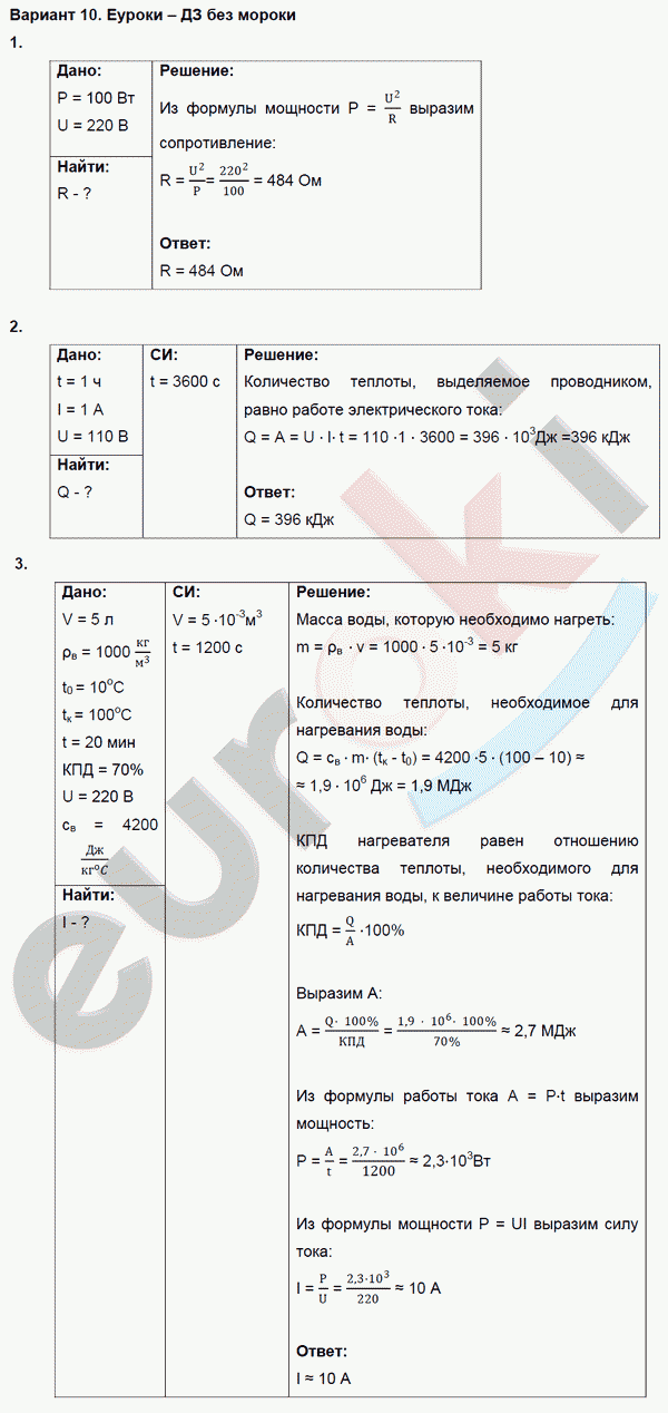 Дидактические материалы по физике 8 класс. ФГОС Марон, Перышкин Вариант 10