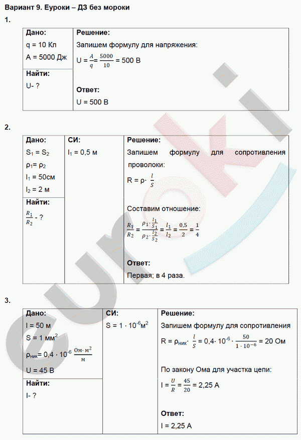 Дидактические материалы по физике 8 класс. ФГОС Марон, Перышкин Вариант 9