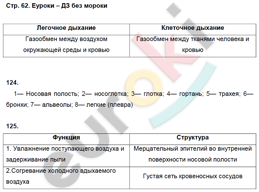 Рабочая тетрадь по биологии 8 класс. ФГОС Колесов, Маш, Беляев Страница 62