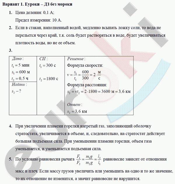 Самостоятельные и контрольные работы по физике 7 класс. ФГОС Марон Вариант 1