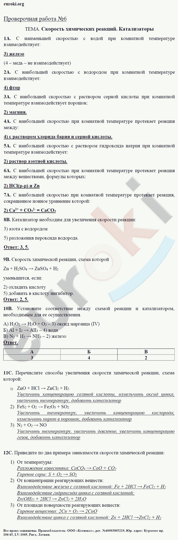 Тетрадь для оценки качества знаний по химии 9 класс. ФГОС Габриелян, Купцова Задание katalizatory