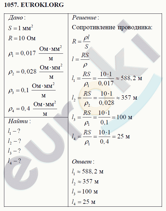 Физика 8 класс Перышкин (сборник задач) Задание 1057