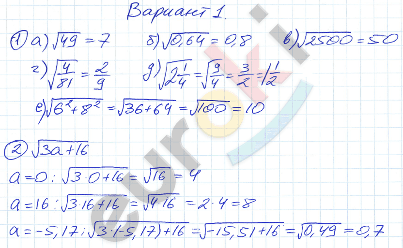 Дидактические материалы по алгебре 8 класс Евстафьева, Карп Вариант 1