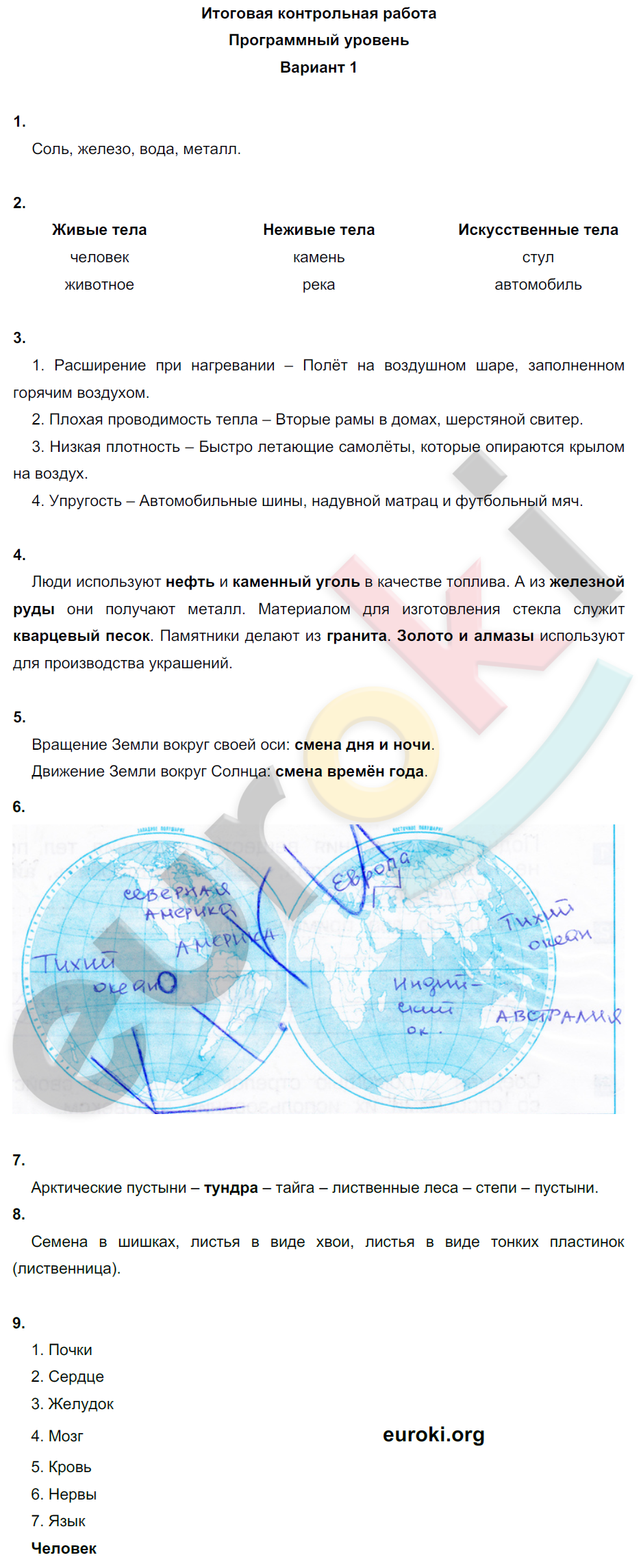 Проверочные и контрольные работы по окружающему миру 4 класс. Часть 1, 2 Вахрушев, Бурский, Родыгина Вариант 1