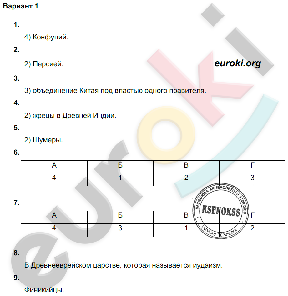 Проверочные и контрольные работы по истории Древнего мира 5 класс Крючкова Вариант 1