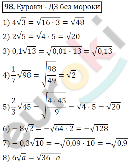 Дидактические материалы по алгебре 8 класс Мерзляк, Полонский, Рабинович Вариант 98